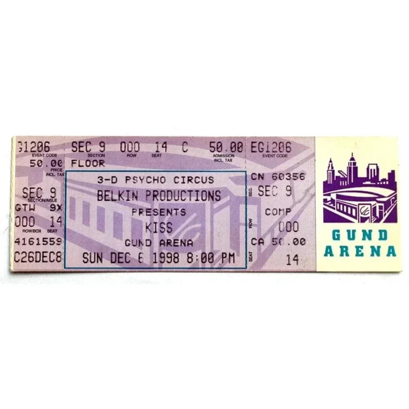 Vintage Kiss Gund Arena Cleveland, December 6, 1998 [USA] Concert Ticket Stub - Picture 1 of 2